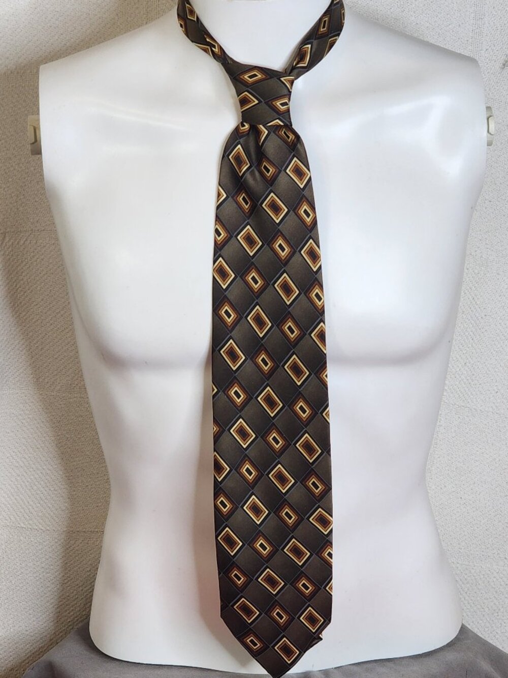 Mosaic Brand Vintage Green Brown Gold Silk Geo Diamond Box Print Hand Made Tie